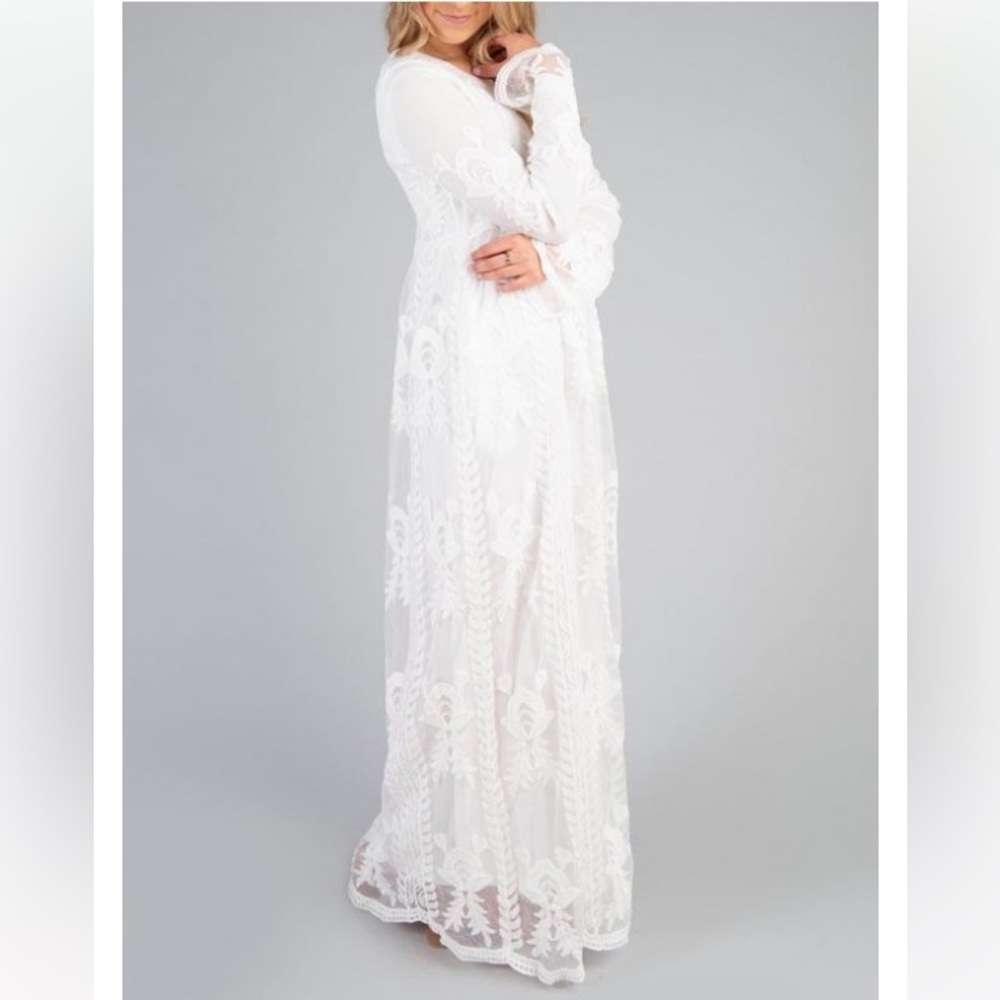White Lace Round Neck Long Sleeve Maxi Temple Dress NWT - Picture 4 of 11